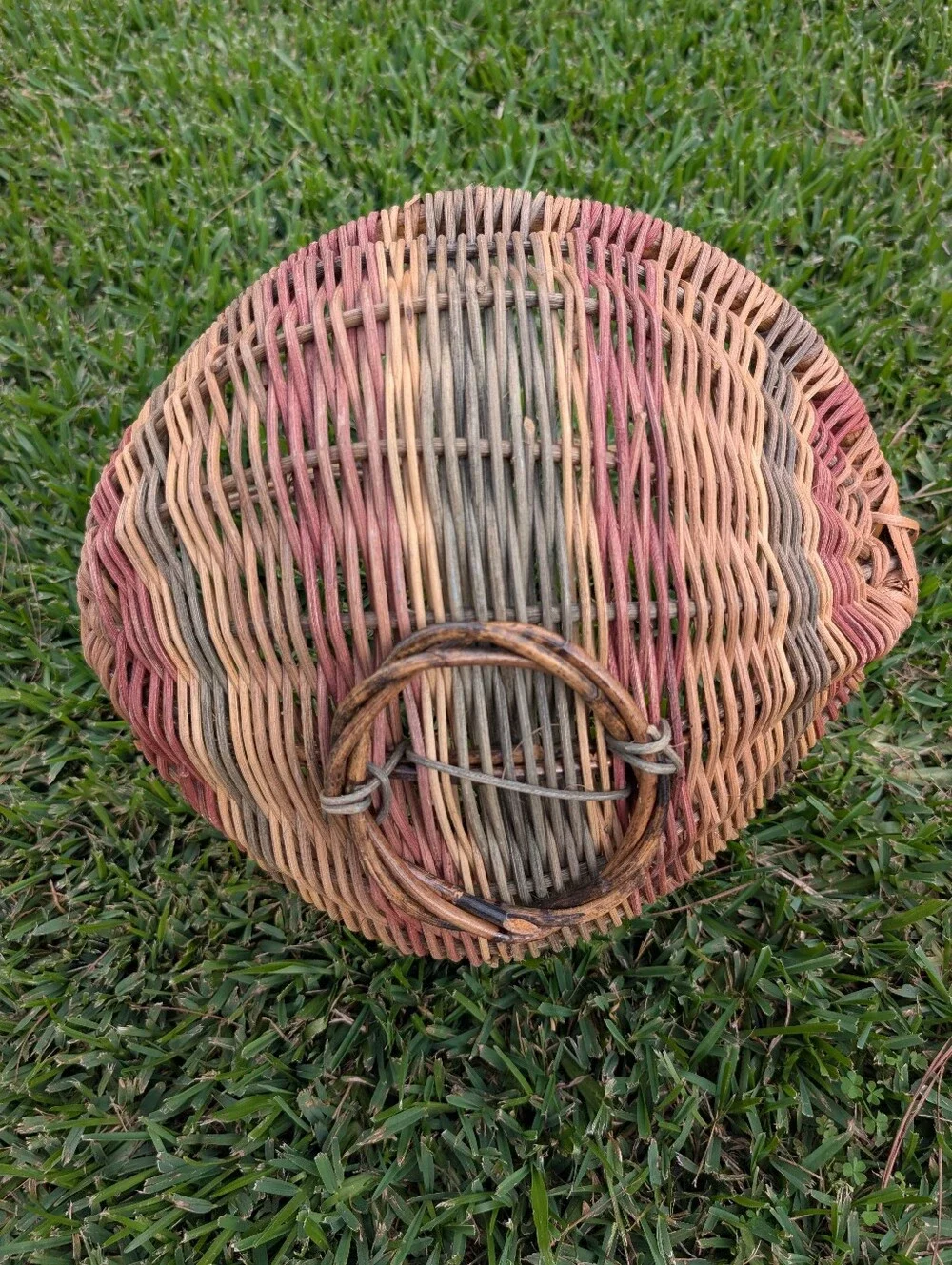 Large Vintage Handwoven Multicolored Natural‎ Woven Rattan Basket with Handle